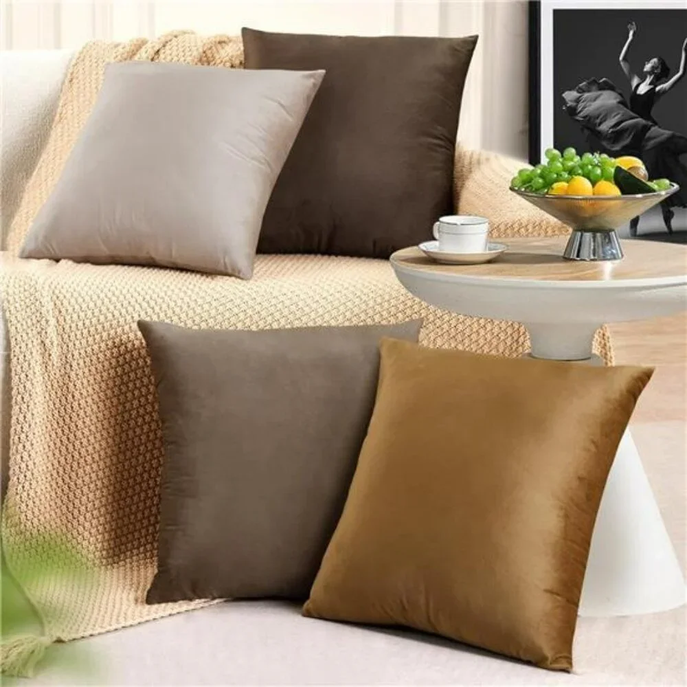 Velvet Throw Pillow Covers 18x18 Set of 4 Brown Decorative Cushion Cases for Sof